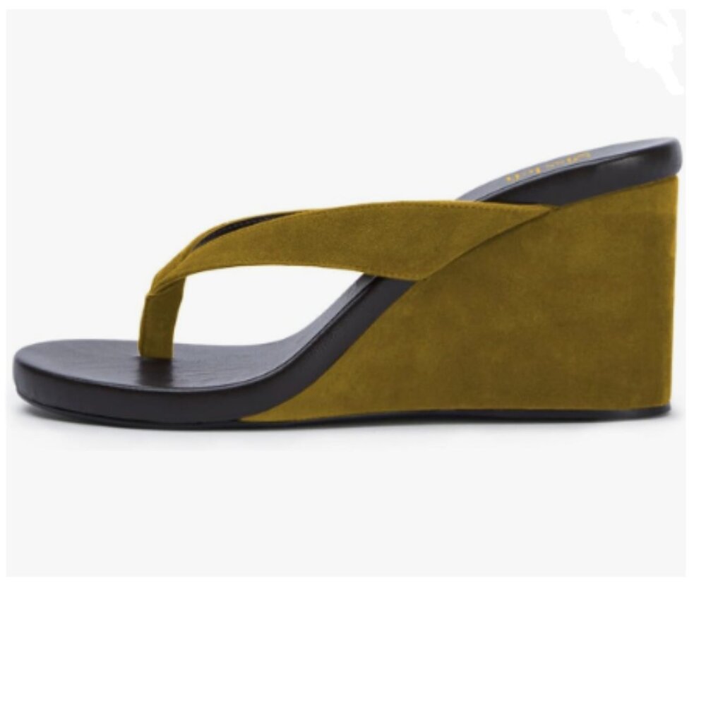 miss left Olive Green Open Toe Flip Flops Wedge High Heel Slip on Mule Slippers